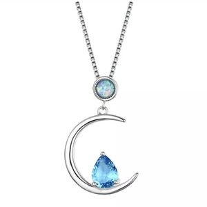 New Aquamarine, Opalite Crescent Moon 925 Silver Necklace.
